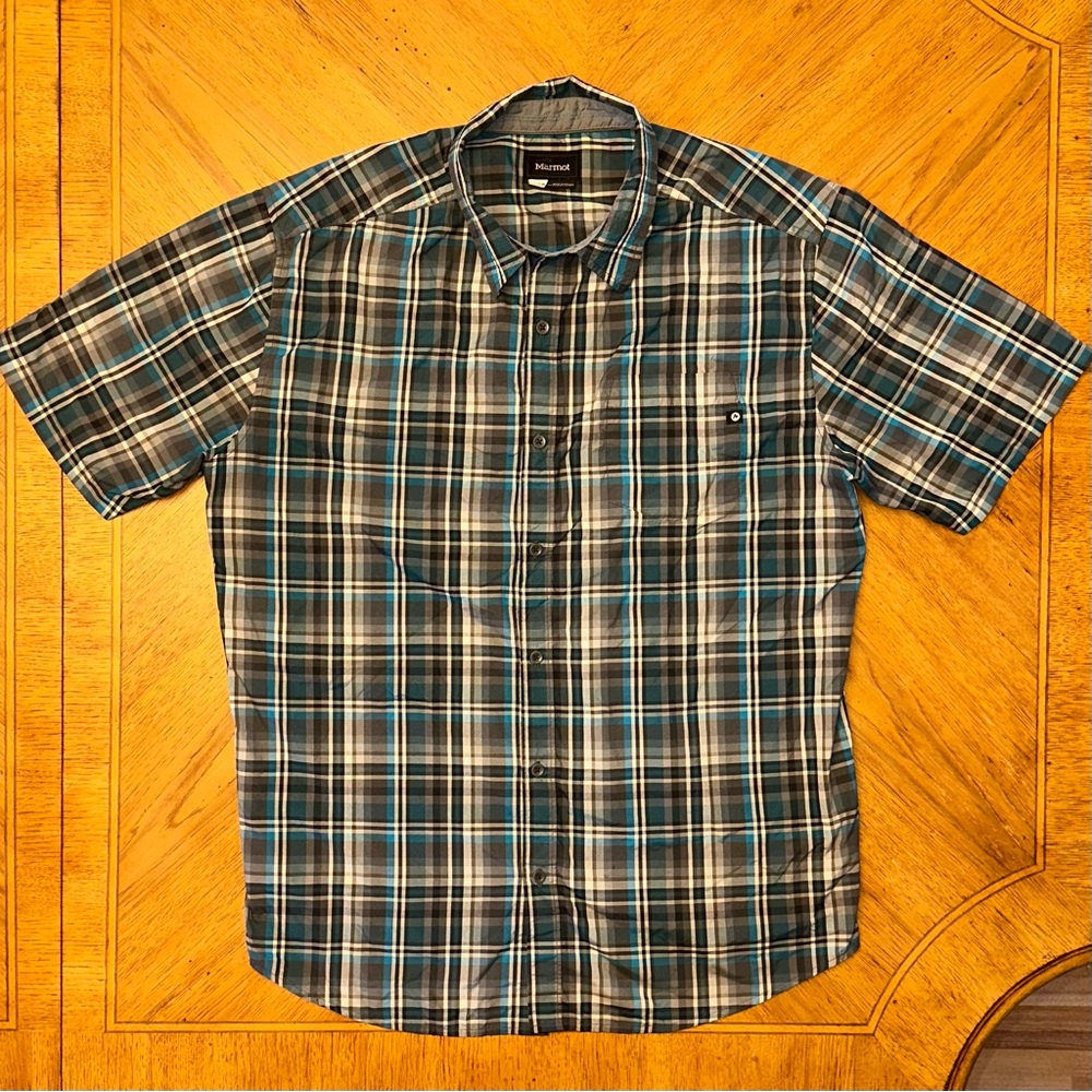 Marmot Shirt Mens Size XL Dobson Plaid Blue Gray Button Down Short Sleeve